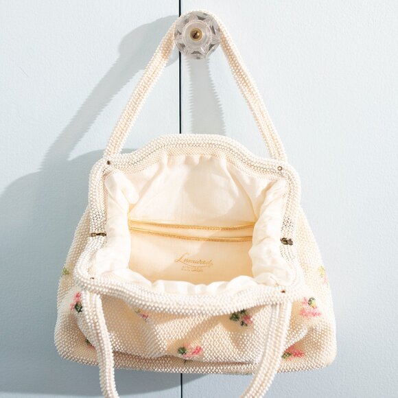 Vintage Beaded Purse White with Pink Flowers - Picture 4 of 6